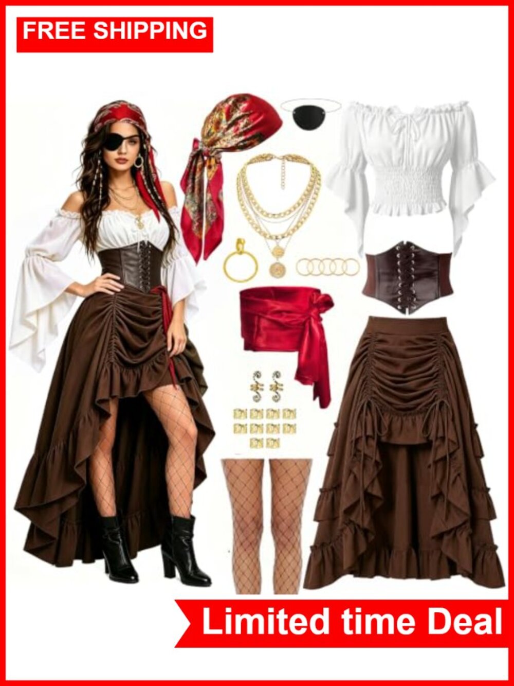Pirate Costume Women 10 Pcs Set Corset Skirt Top Renaissance Halloween